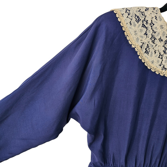 Vintage 80s Nina Piccalino Dress navy dolman statement lace collar junior 5/6 - Picture 7 of 11